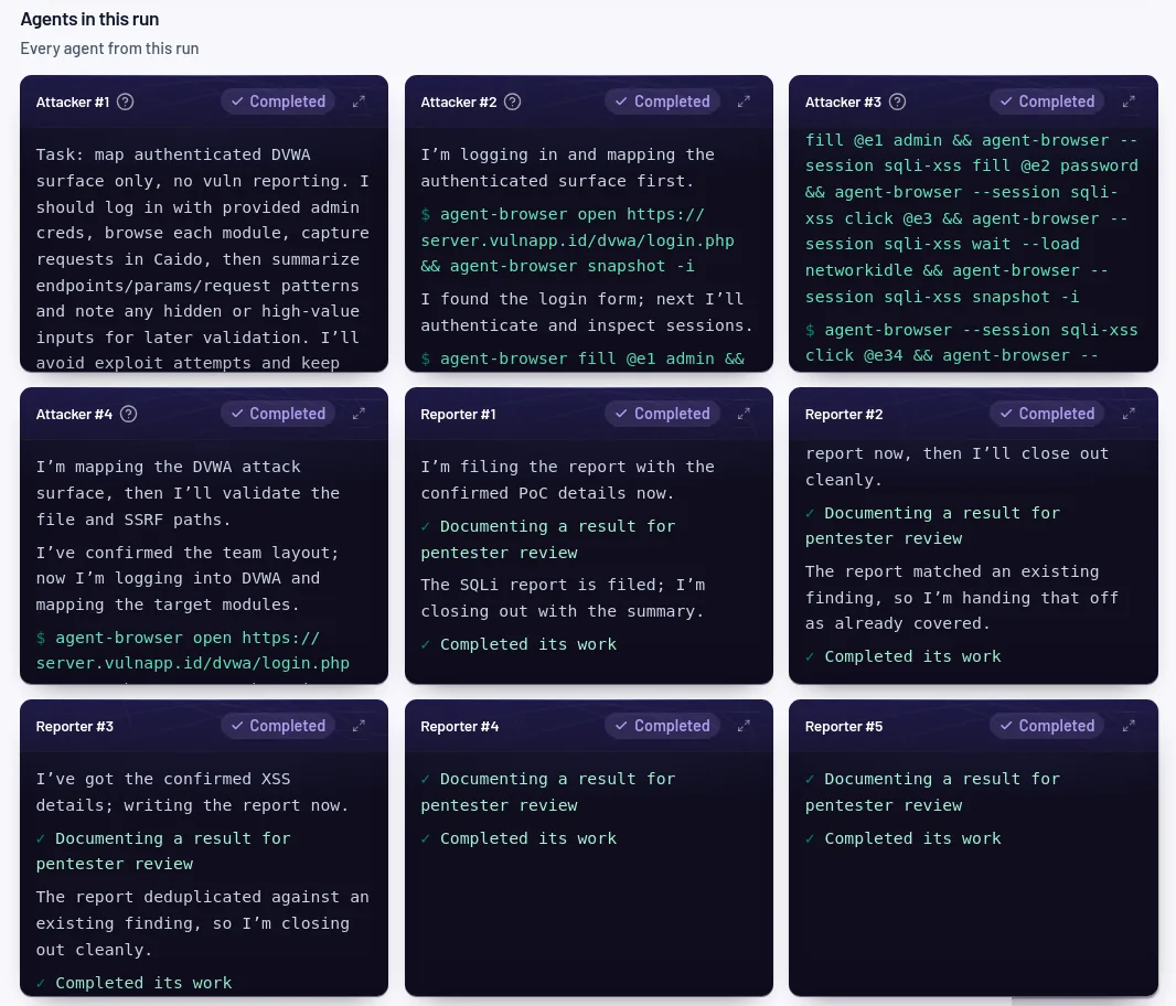 The agents of one ARGUS run, each card naming what that agent worked on and how it finished.