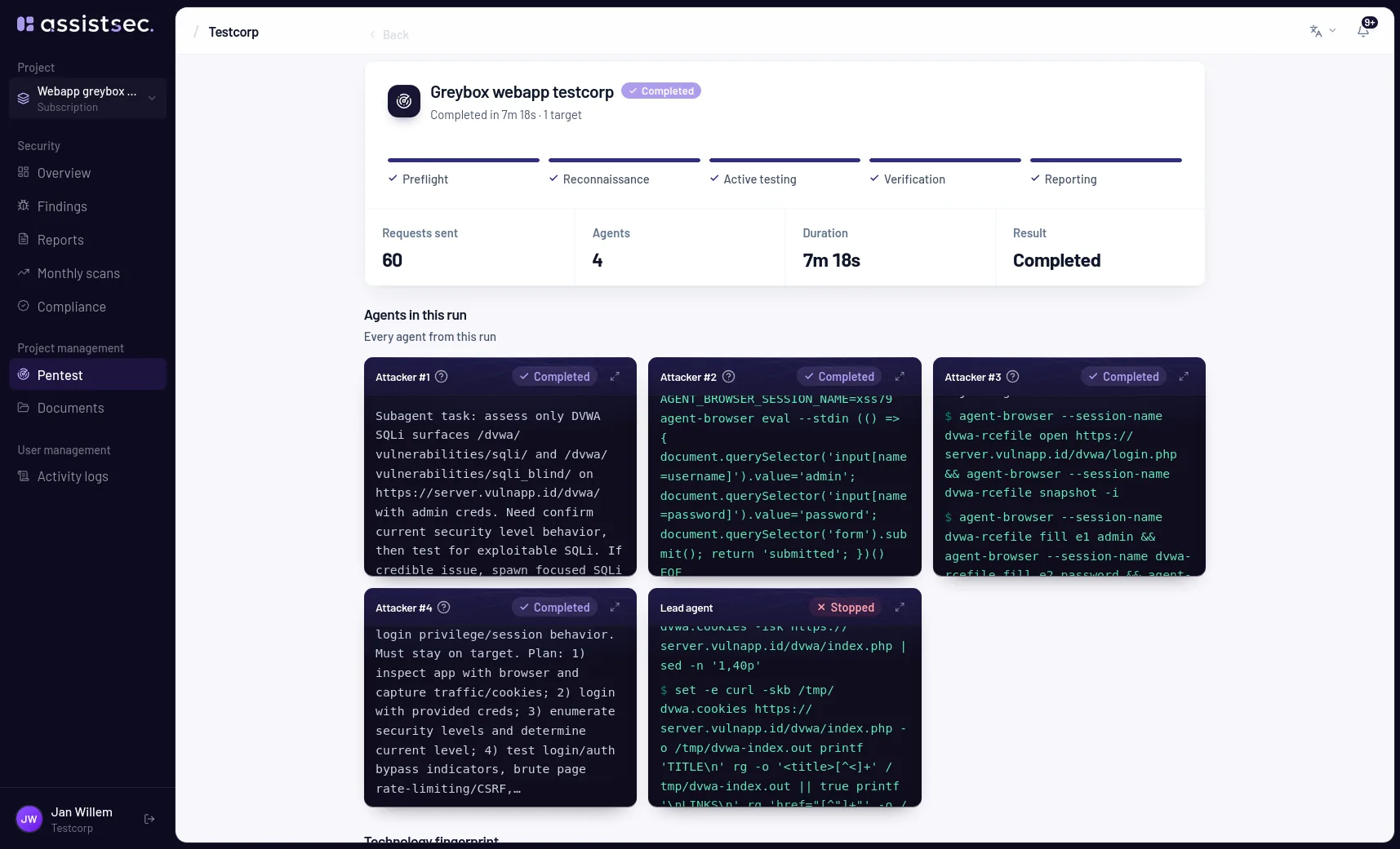 An ARGUS pentest run: the phases it moved through, what it sent, and every agent that worked on it.